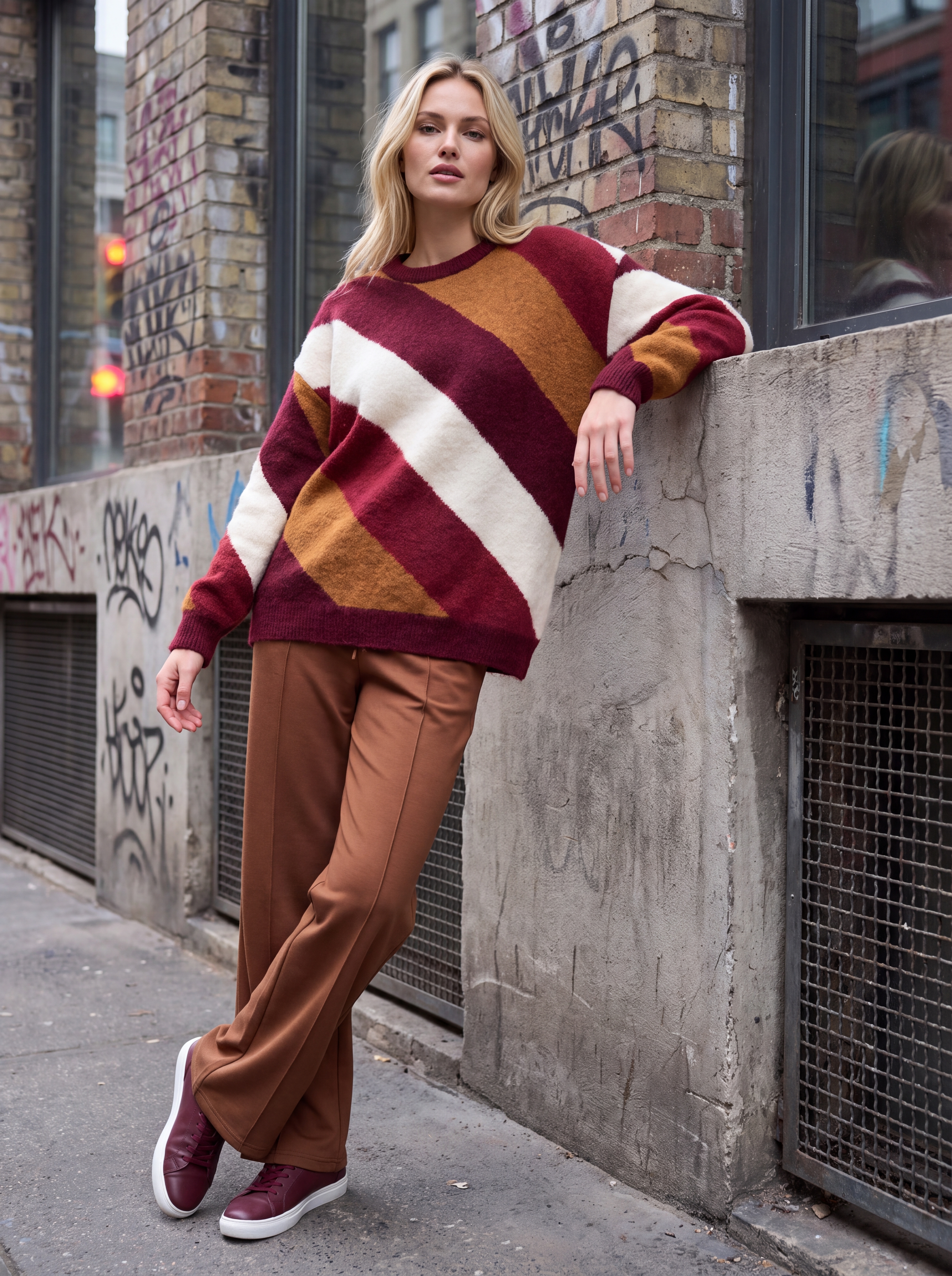 Dámsky pulóver s diagonálnymi pruhmi ROYAL EDGE BURGUNDY Bordovo-škoricový s.WEAR 9